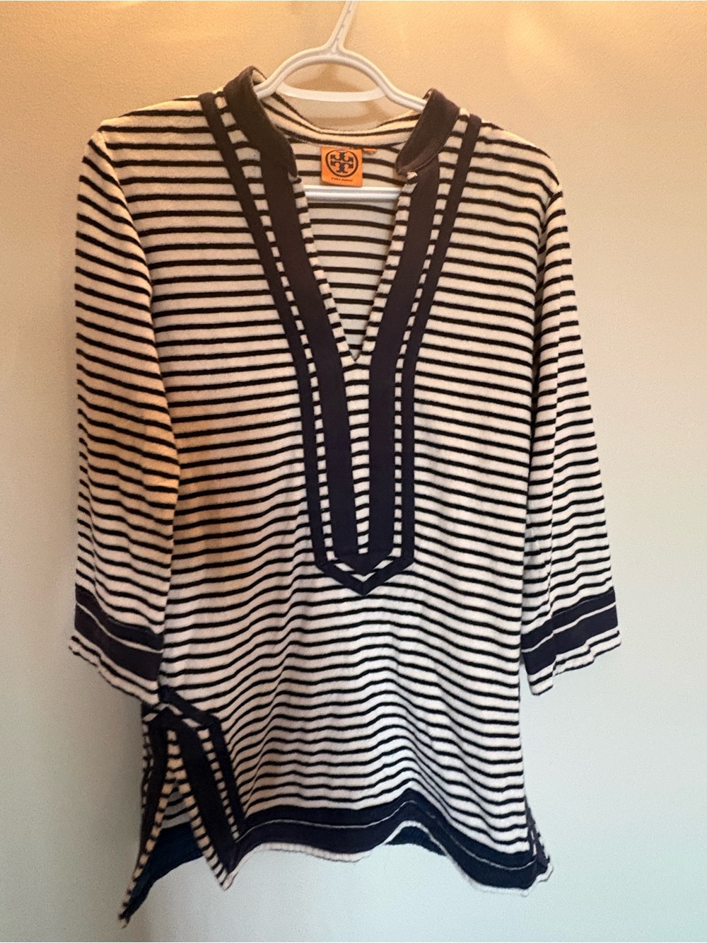 Tory Burch Navy and White Striped Top with Logo Tag